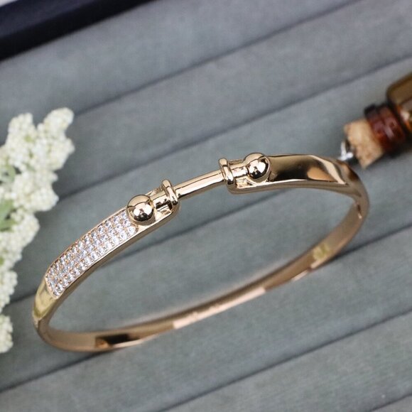 Rose Gold Bangle with Ball-End Design and Crystal Pavé Accent, XPBL0566 - Picture 1 of 12